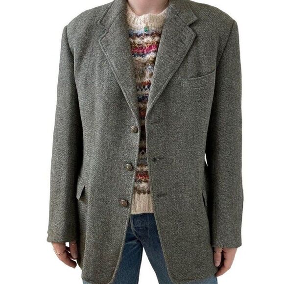 Vintage 1950s Harris Tweed Green Wool Scottish Dark Academia Blazer 40R - Picture 11 of 11